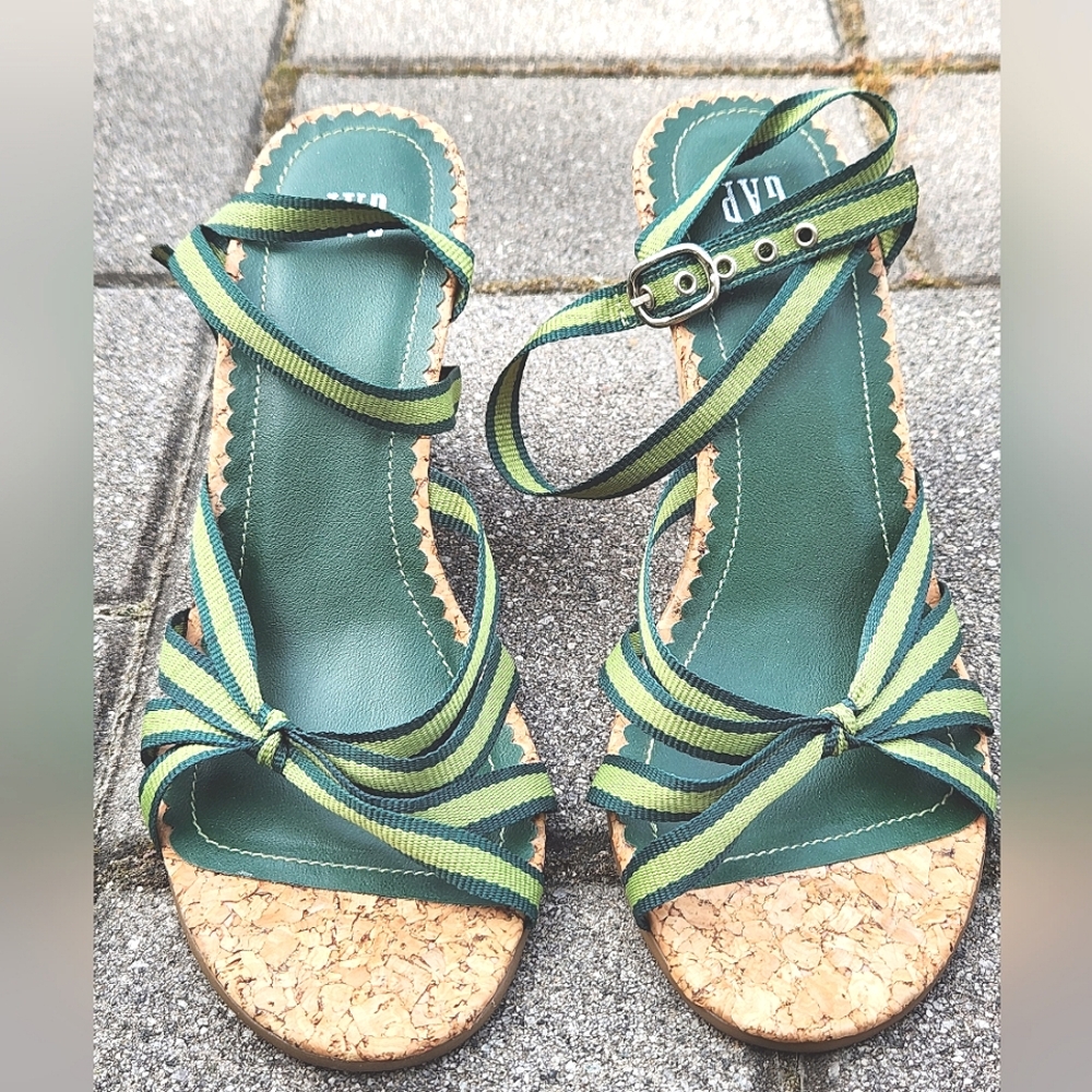 GAP Wraparound Ankle Strap Green Grosgrain Ribbon Cork Wedge Heel Sandals 7
